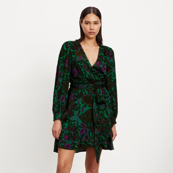 NWT Velvet by Graham & Spencer Green and Purple Bridget Printed Satin Wrap Dress - Picture 3 of 6